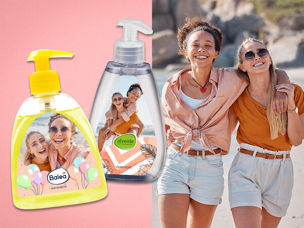 Handseife von Balea und alverde mit gestalteten Etiketten. Produkt ist nur online erhältlich. Link führt zur Website.