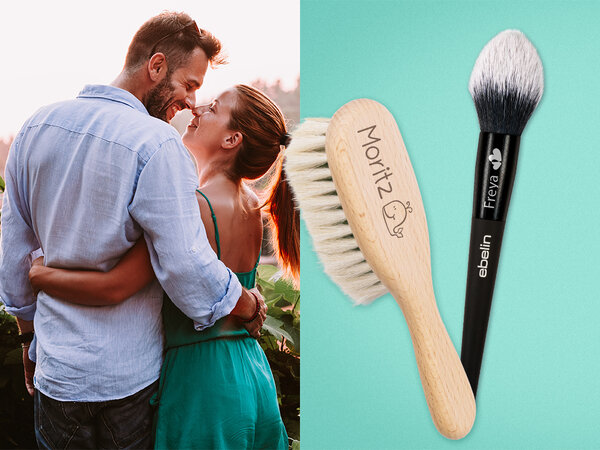 Babyhaarbürste und ein Puderpinsel mit persönlicher Namensgravur. Produkt ist nur online erhältlich. Link führt zur Website.