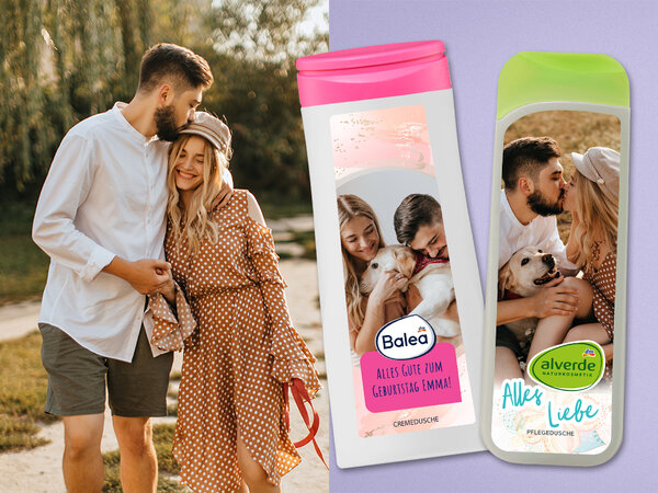 Duschgel von Balea und alverde mit individuellen Fotos und Text. Produkt ist nur online erhältlich. Link führt zur Website.