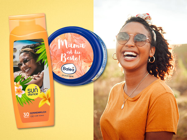 Sundance Sonnenmilch und Balea Creme mit persönlichem Etikett. Produkt ist nur online erhältlich. Link führt zur Website.