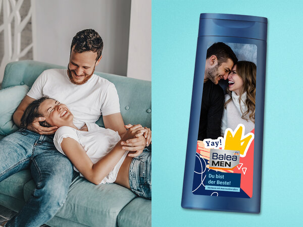 Balea Men Shampoo mit persönlich gestaltetem Etikett. Produkt ist nur online erhältlich. Link führt zur Website.