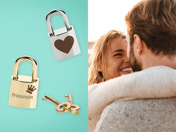 Zwei personalisierte Liebesschlösser: In Silber mit graviertem Herz und in Gold mit Gravur "Prinzessin" und gravierter Krone.