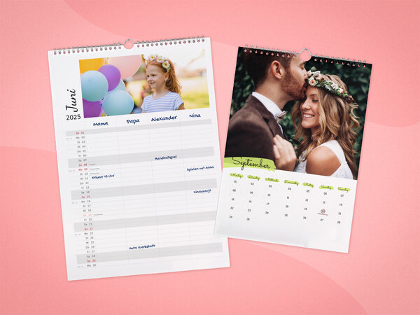 Terminkalender in verschiedenen Formaten mit Spiralbindung und unterschiedlichen Designs und Motiven.